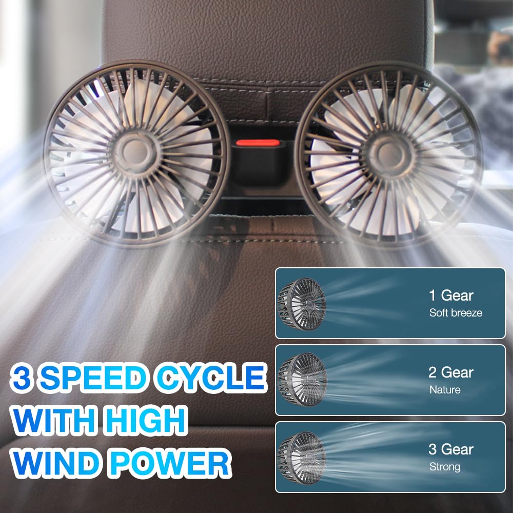 Ventilatore per Auto, Ventilatore USB 5V 2A con 3 Velocità per Sedile Posteriore Passeggero 360° Ruotabile Ventola Due Testa Ventola di Raffreddamento per Auto per Veicoli Come Berlina, SUV, RV