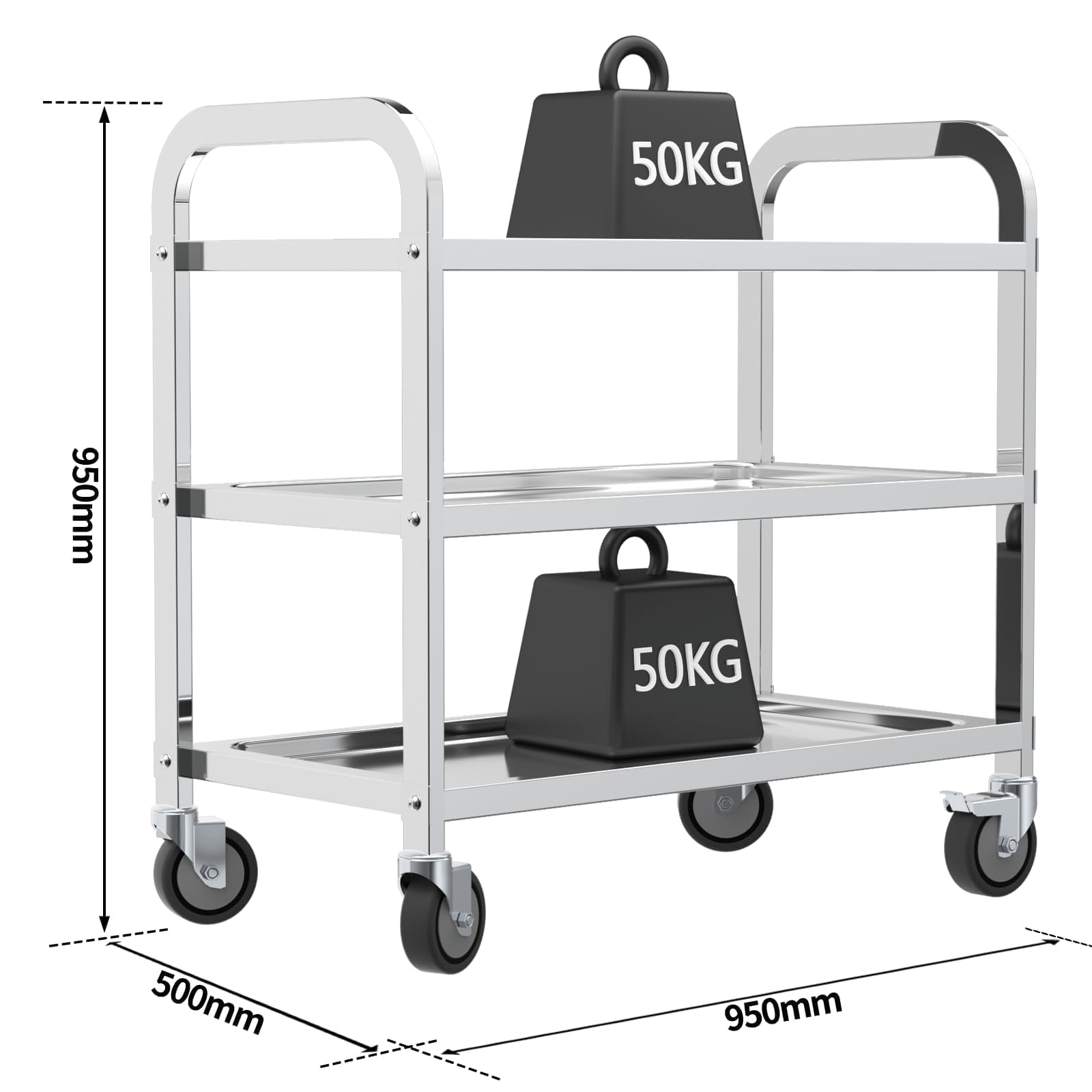 TAIMIKO - Carrello da cucina a 3 ripiani, in acciaio inox, Acciaio inossidabile, 950x500xH950MM