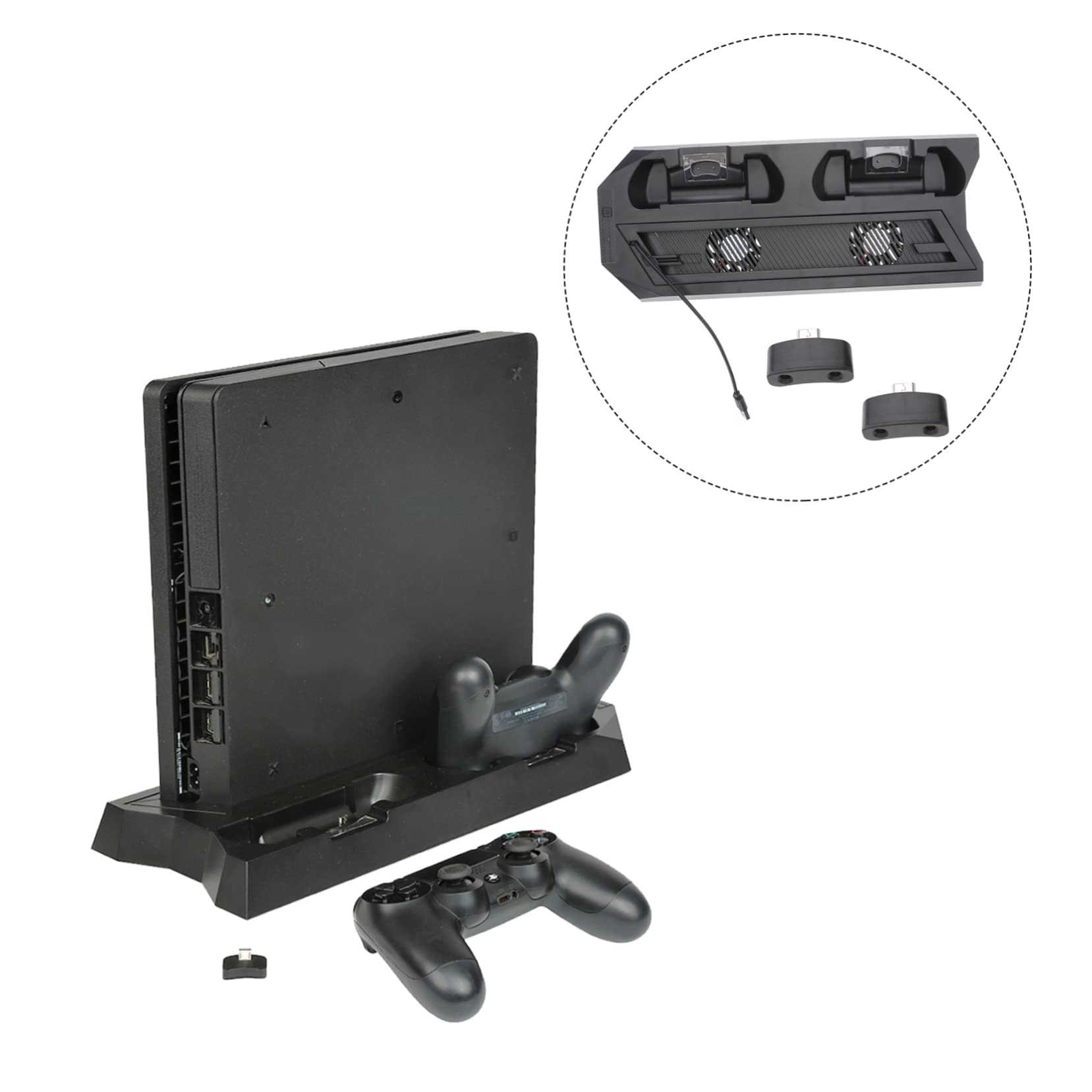 Supporto Verticale con Ventola per 4 Slim e 4 Pro Nero Abs | 2 Ventole Integrate, 2 Porte di Ricarica, 3 Porte USB Hub, per Mouse e Game Console