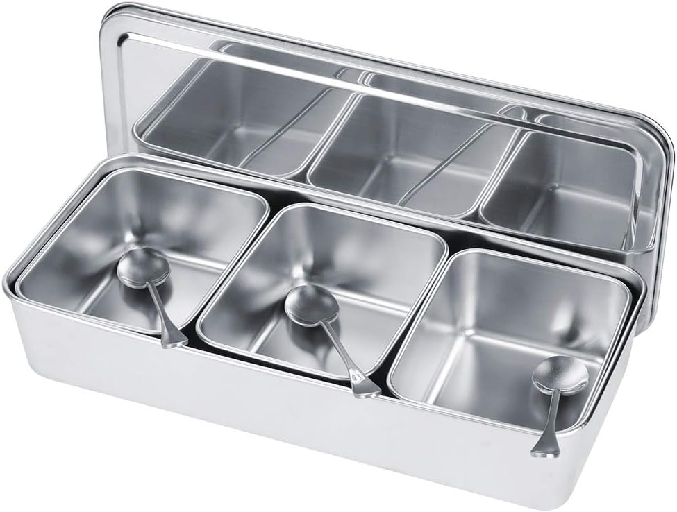 KIMISS Household 3‑Grid Less Steel Seasoning Box Jar Container Set with Spoons Cover