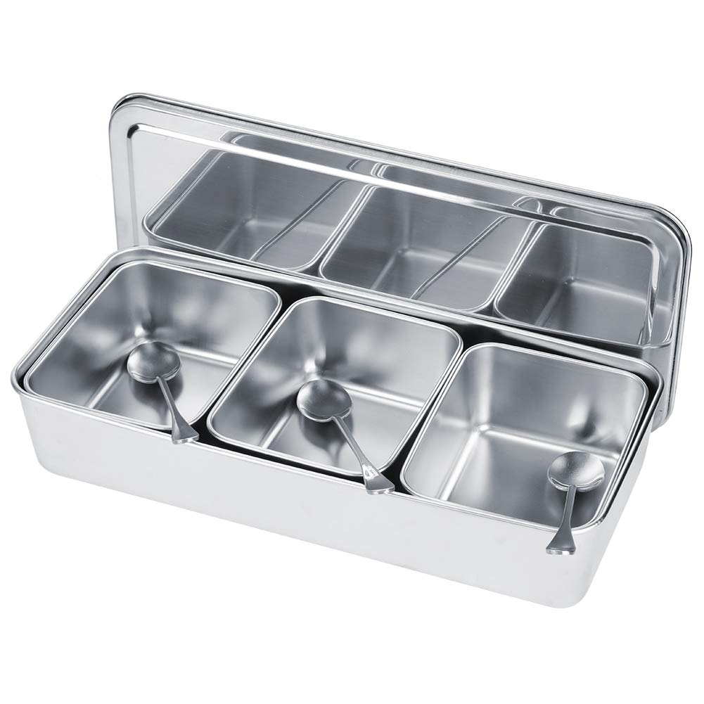 aqxreight 3 Grid Stainless Steel Seasoning Box with Spoons and Lid,Silver,630ml Per Grid,Kitchen Spice Container Set
