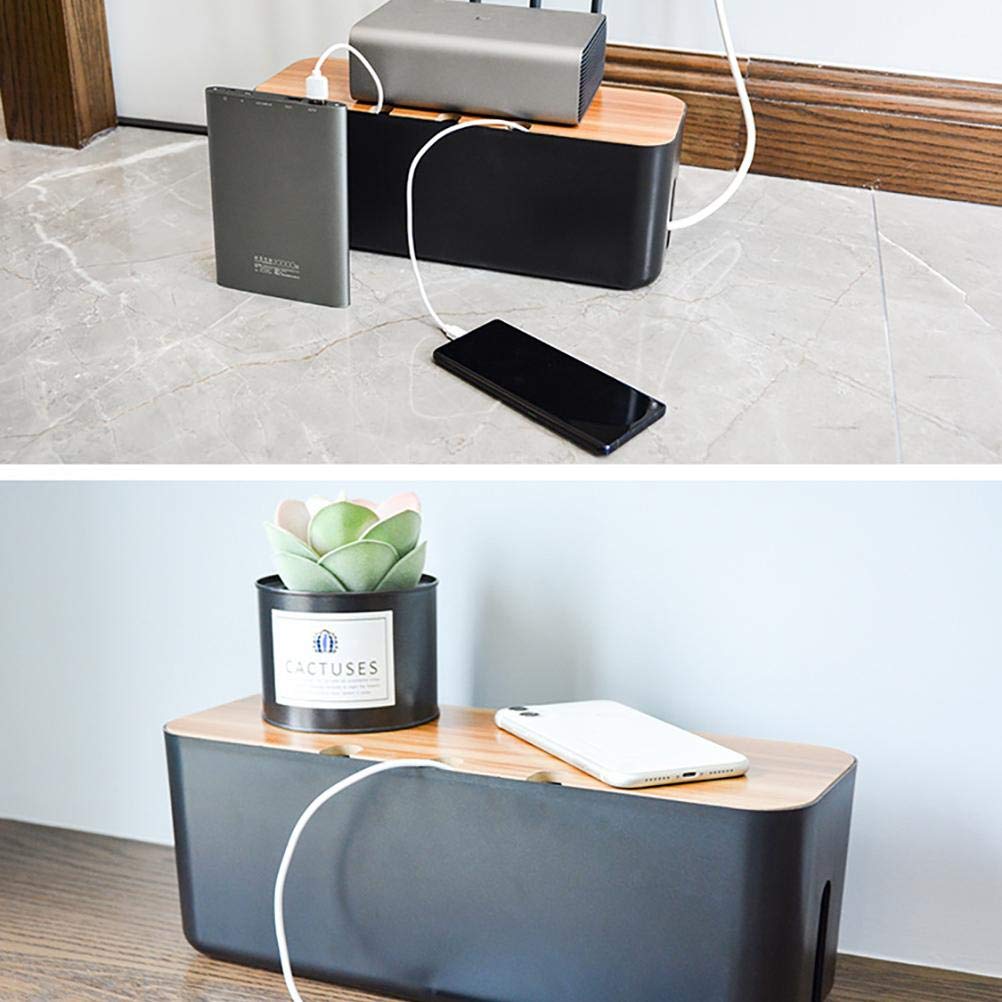Boîte de gestion des câbles, boîte d'organisation de câbles avec couvercle en bois pour couvrir et cacher les fiches et les blocs d'alimentation, 36 x 13 x 13,5 cm, noire