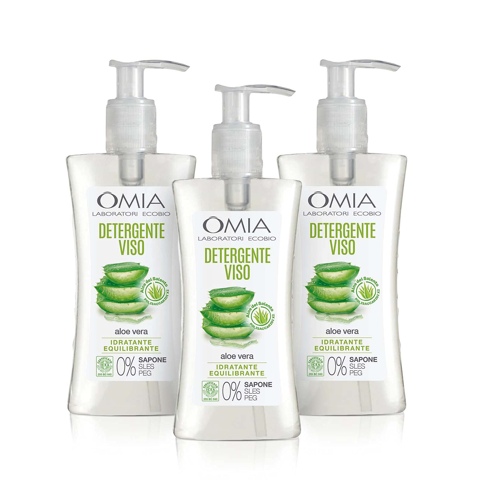 Omia Gel Limpiador Facial EcoBio con Aloe Vera deL Salento, Desmaquillante, Hidratante y Equilibrante para Pieles Normales y Mixtas, Pack de 3 Unidades, Bote de 200 ml