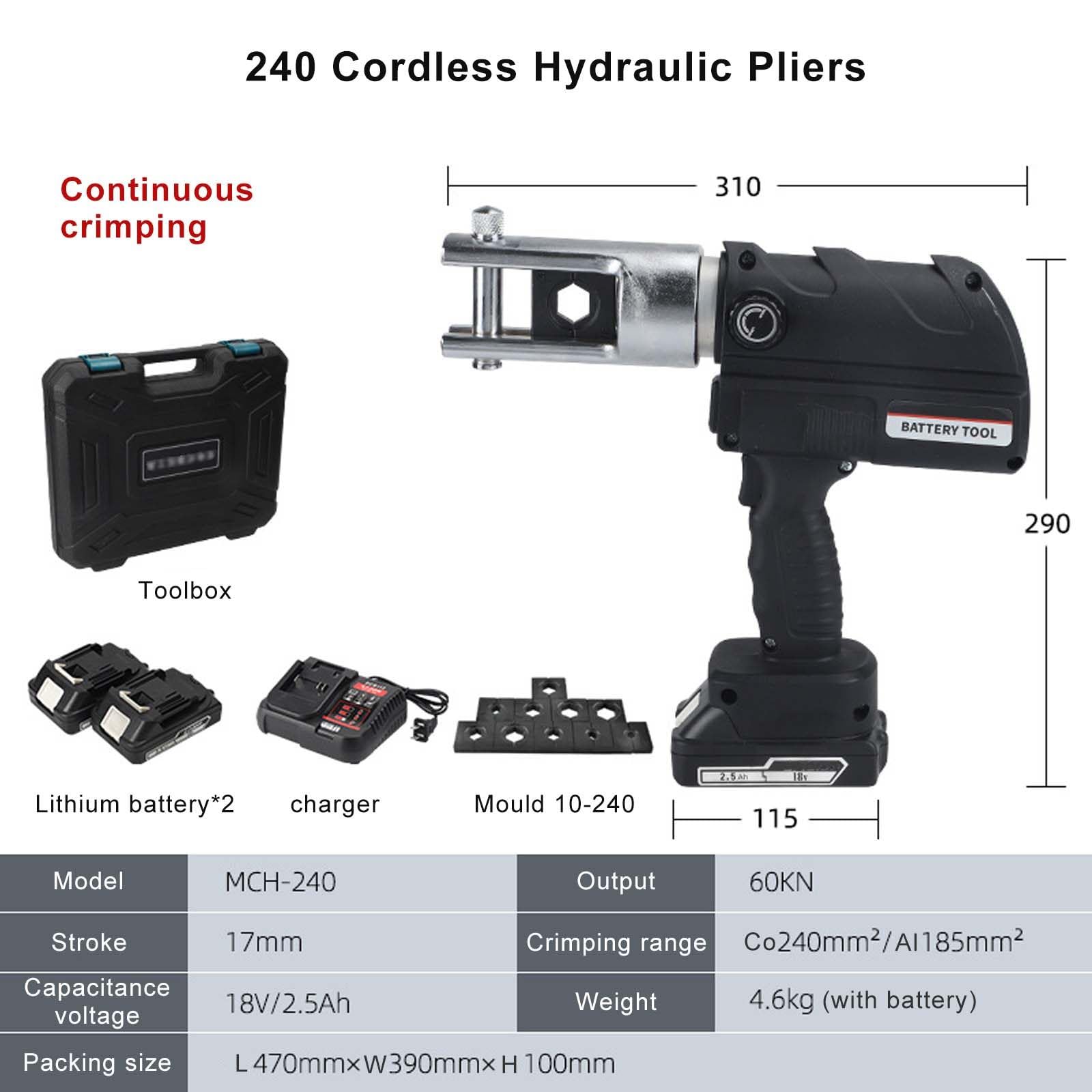 60Kn Akumulatorowe Szczypce Zaciskowe Hydrauliczne - 10-300 Mm² Automatyczna Zaciskarka Do KońCóWek Kablowych, Profesjonalne NarzęDzie Do Zaciskania KońCóWek Miedzianych I Aluminiowych,240