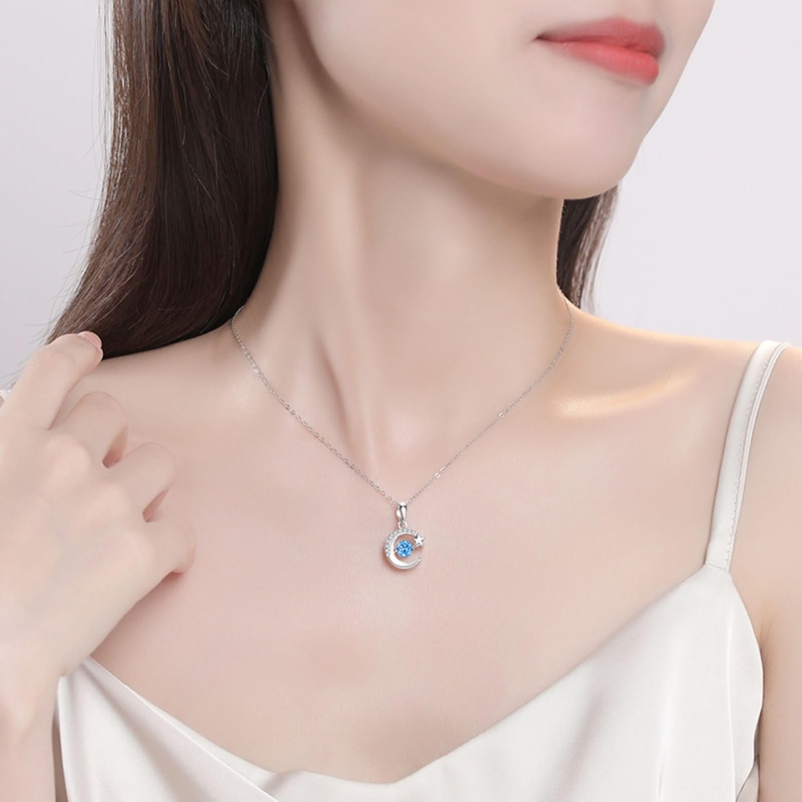 Donna Collana Catena Oro Rosa 9K / 14K / 18K 750, Luna e Stella con Moissanite, Donna Collana Fidanzati Oro Rosa