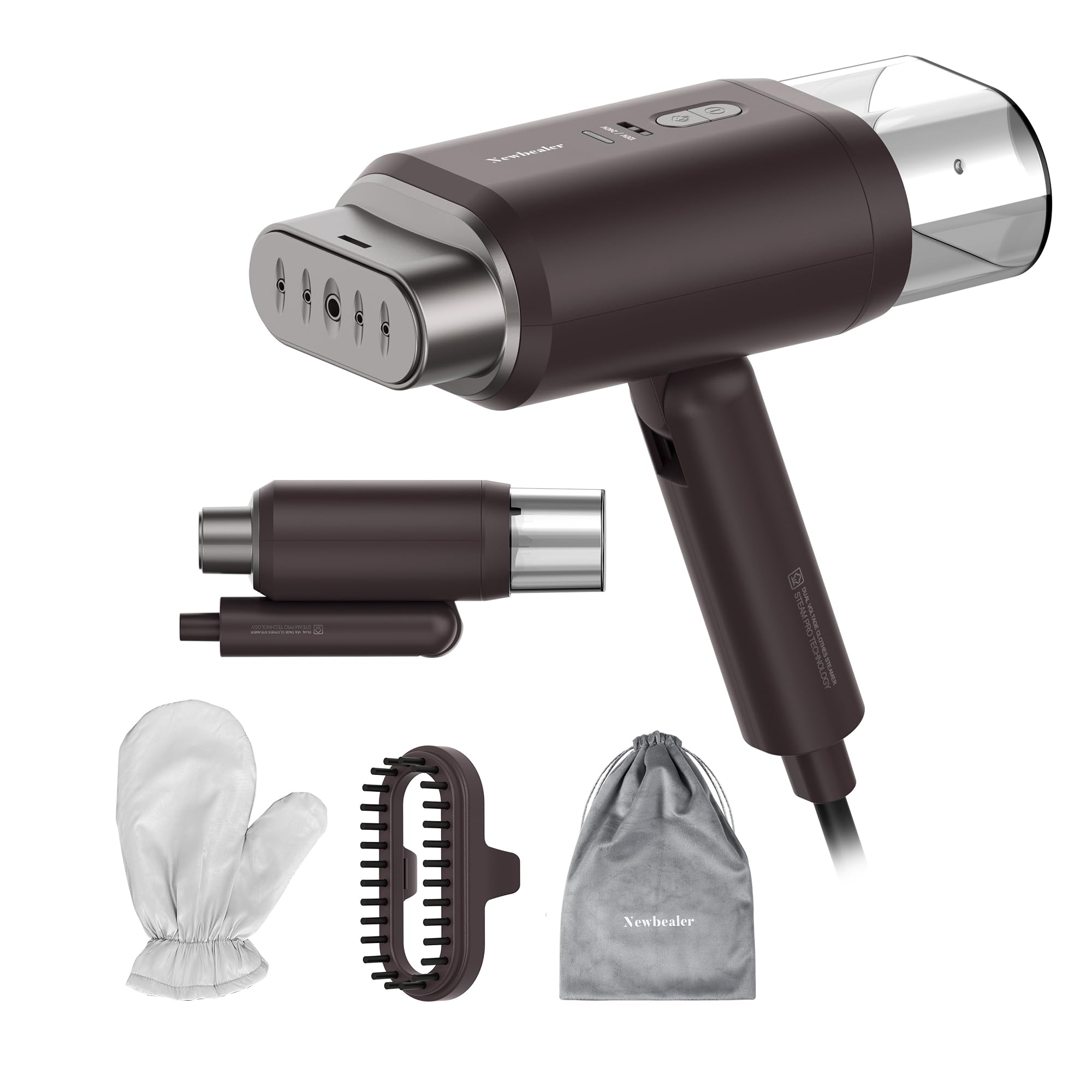 Newbealer Dampfglätter mit umschaltbarer Spannung - 220V/120V, kompaktes und faltbares Reisebügeleisen, tragbarer Reisesteamer für Kleidung mit schnellem Aufheizen in 20 Sekunden, Braun