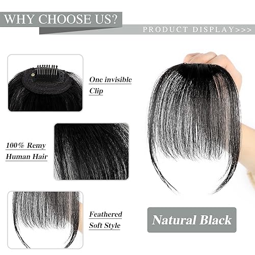 Miniatura 3 de HMD - Extensiones de pelo humano con clip, 100 % pelo humano, para mujer, con flequillo, pelo real, bonito, natural, lacio, con flequillo gradual,
