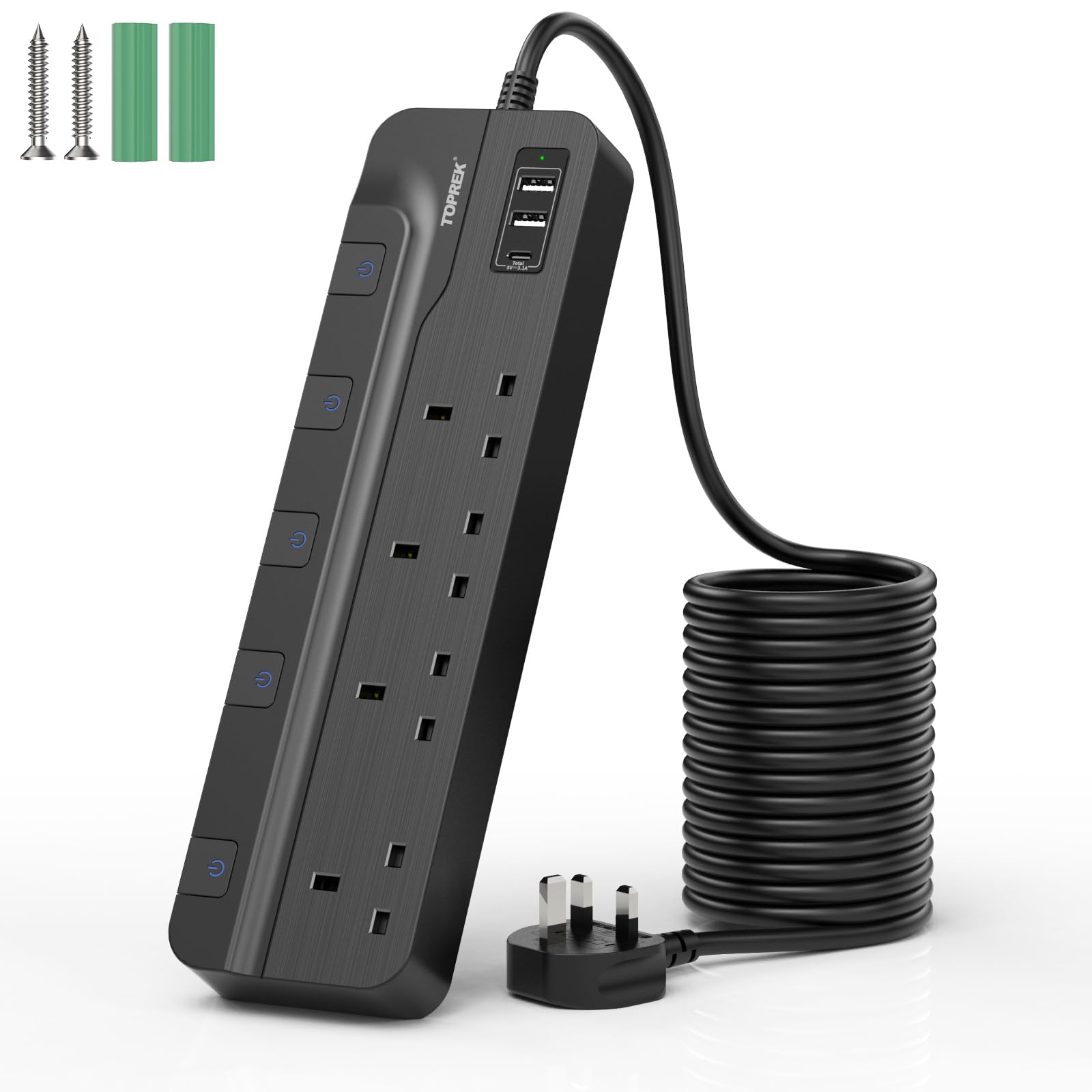 TOPREK 4 Plug Extension Lead with usb slots, plug extension socket Individual Switches, 2 USB-A+1 USB-C, 13A/3250W, 10m Extension Cable for Office/Home/Computer Room/Kitchen