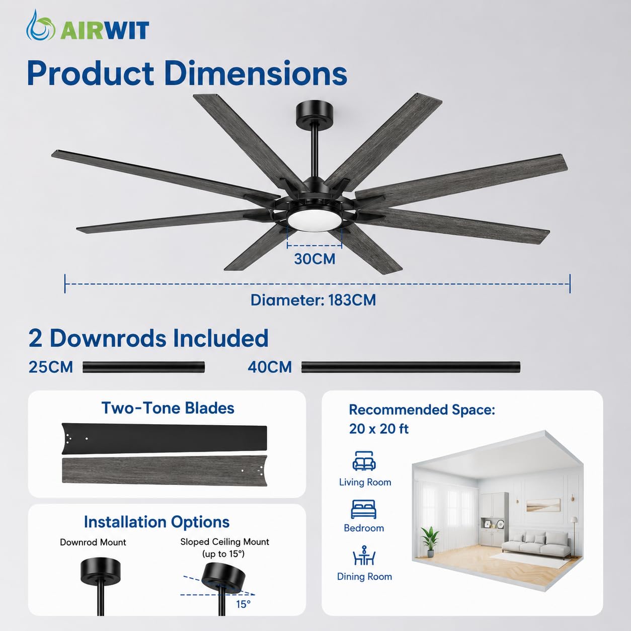 Airwit 183cm Ventilador de Techo con Luz Extra Grande, Lámpara Ventilador de Techo con Mando, Aspas Reversibles, Silencioso, Diseño Industrial para Salón Grande, Dormitorio y Terraza Cubierta