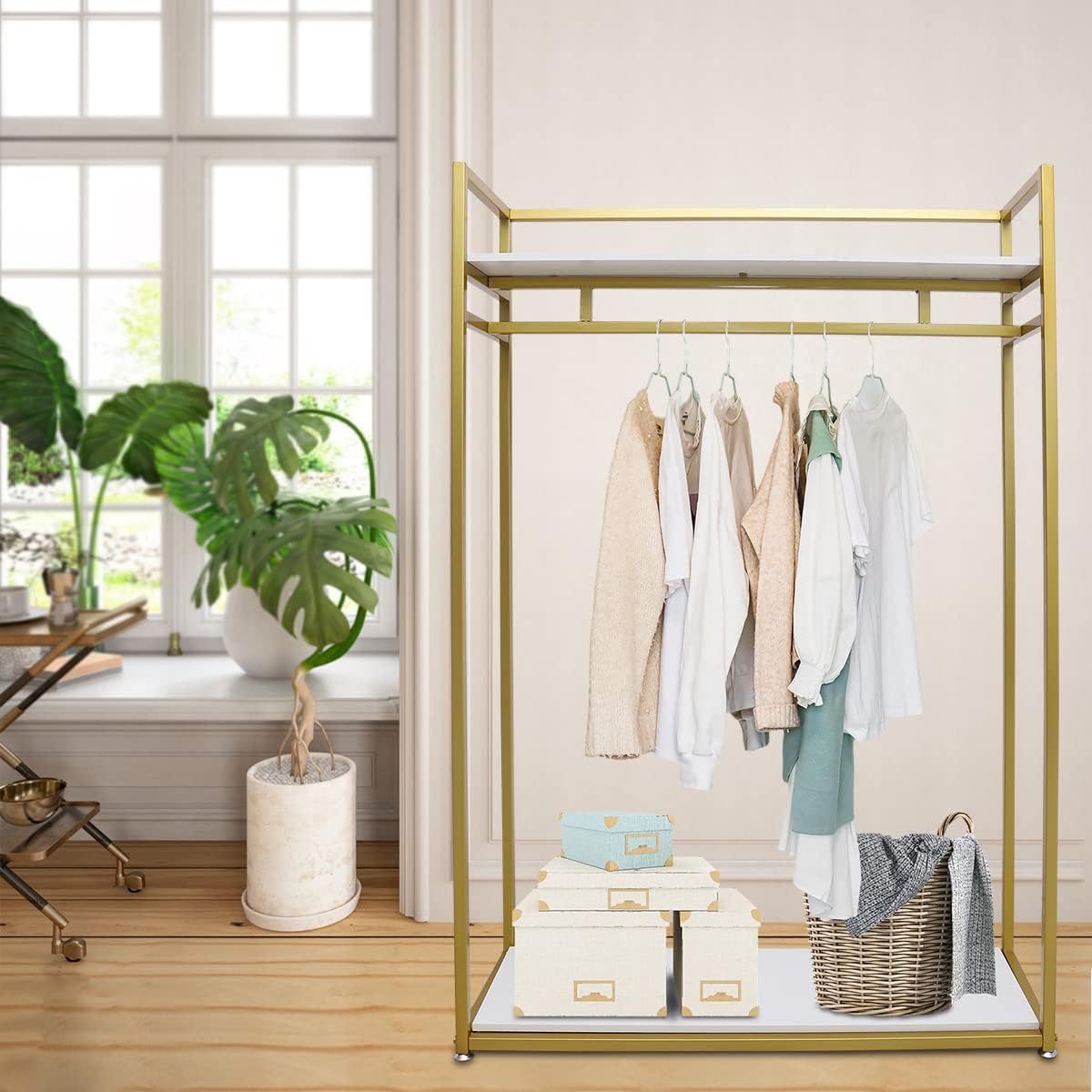 Gold Clothes Display Stand with Shelf, 70 Inch Floor Standing Garment Rack, Boutiques Retail Display Rack, Commercial & Household Clothes Shoes Bags Organizer, for Hanging Long Dresses Trousers
