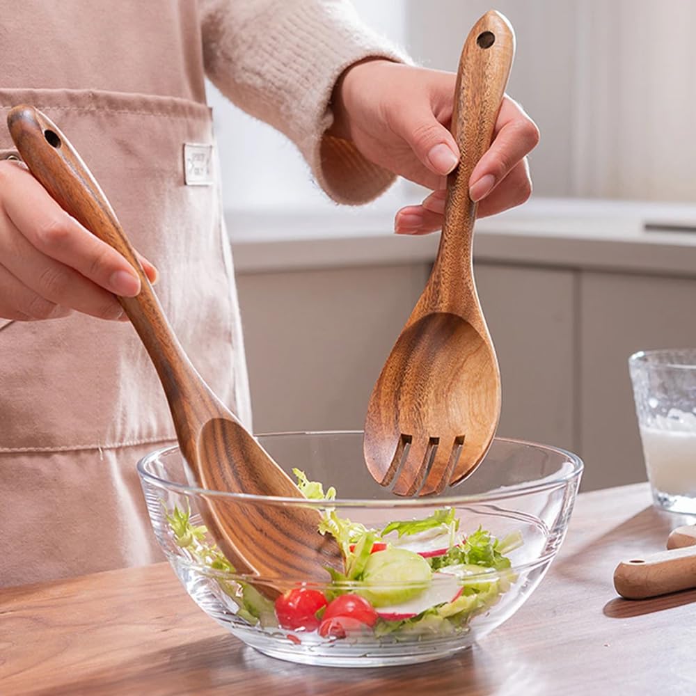 Set 2 Posate Insalata In Legno - Forchetta E Cucchiaio 10.2 Pollici, Manico Lungo, Per Mescolare E Servire - Foto 4