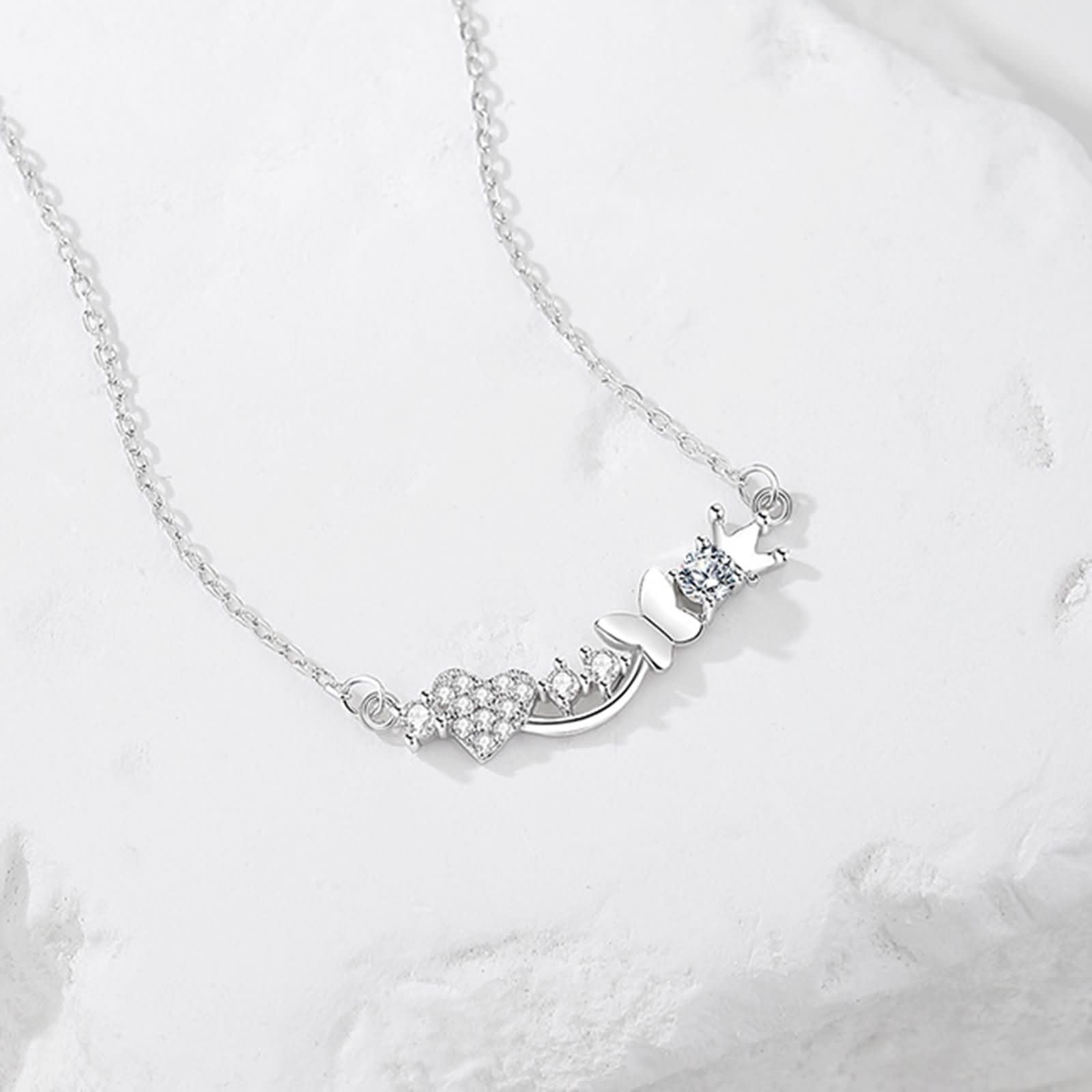 Collar con colgante para mujer, oro blanco de 9 quilates, 14 quilates, 18 quilates, corona de mariposa y corazón con moissanita, collar de plata para mujer de boda