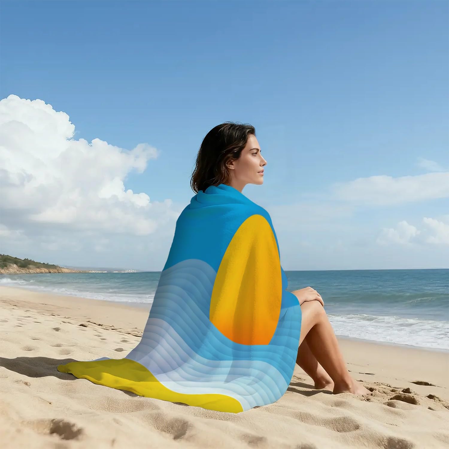Geometrisch, minimalistisch Strandtuch 200 x 145 cm – Saugfähiges Schnelltrocknendes Strandtuch Wellen, Himmel für Campen, Picknick, Ausflüge