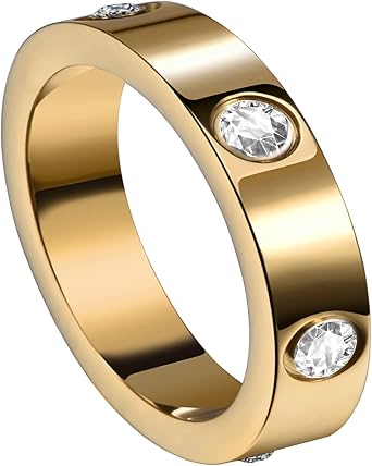 Love Friendship Ring 18K Gold Plated Silver CZ 6mm Stainless Steel Promise Ring Wedding Band Fashion Love Ring for Her Women Teen Girls Valentines Day with Gift Box, Plastic, Cubic Zirconia
