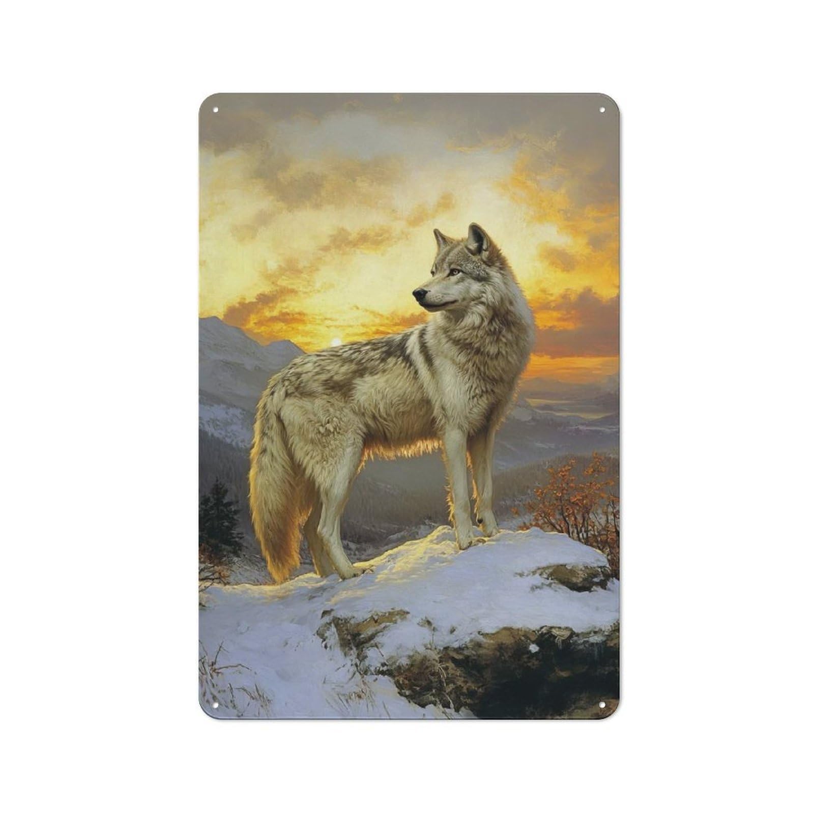 Junmoney Wolf At Sunset Retro Tin Wall Sign 30X20cm Featuring Novelty Wall Art For Bedroom, Kitchen, Office Or Living Room