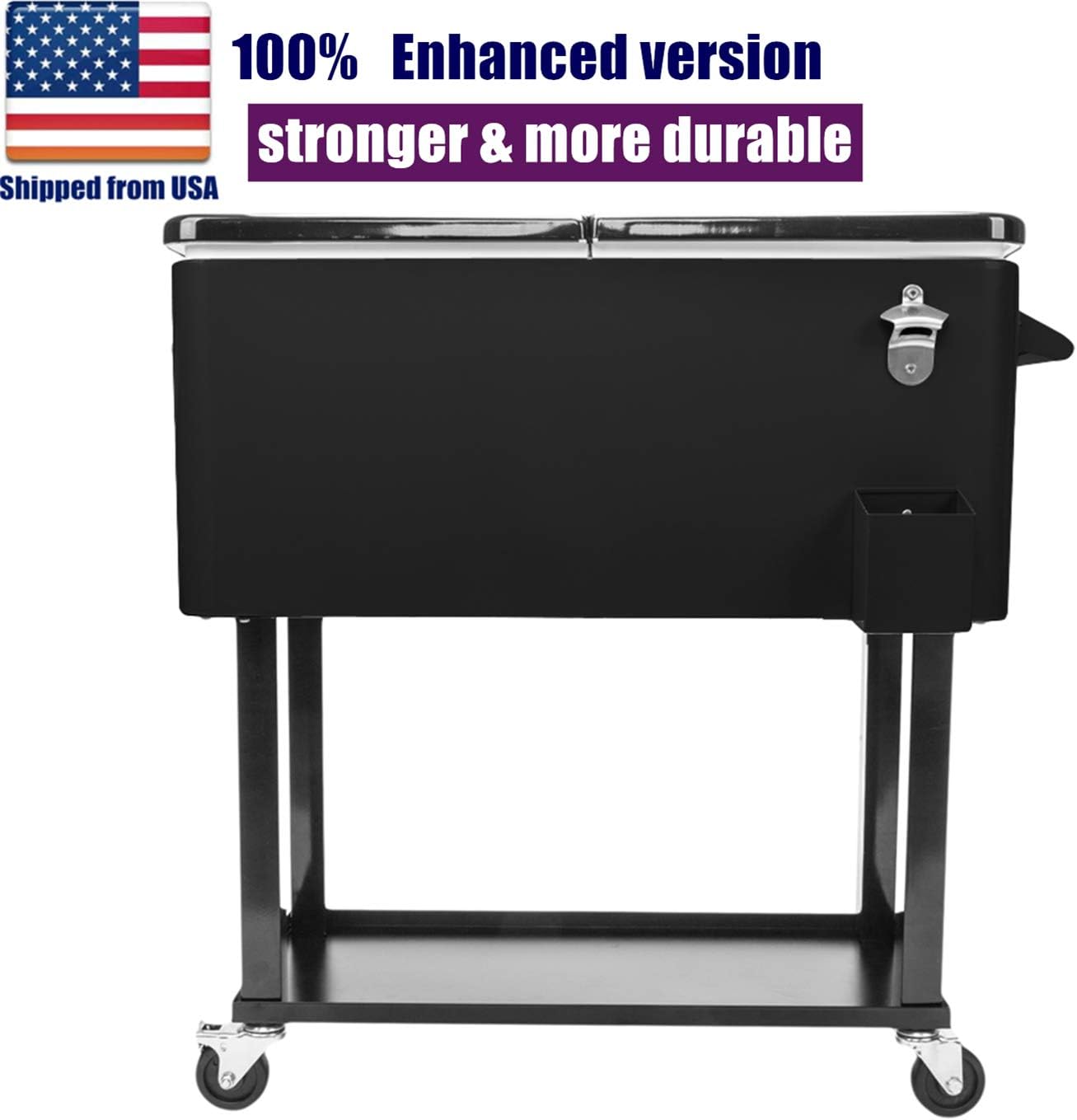 TYNAWYNW New Version & Stronger 80 Quart Rolling Cooler Cart, Outdoor Ice Chest, Cooler Trolley with Wheels & Shelf & Bottle Opener & Handle, Portable Drink Beverage Bar for Patio Pool Party (Black)