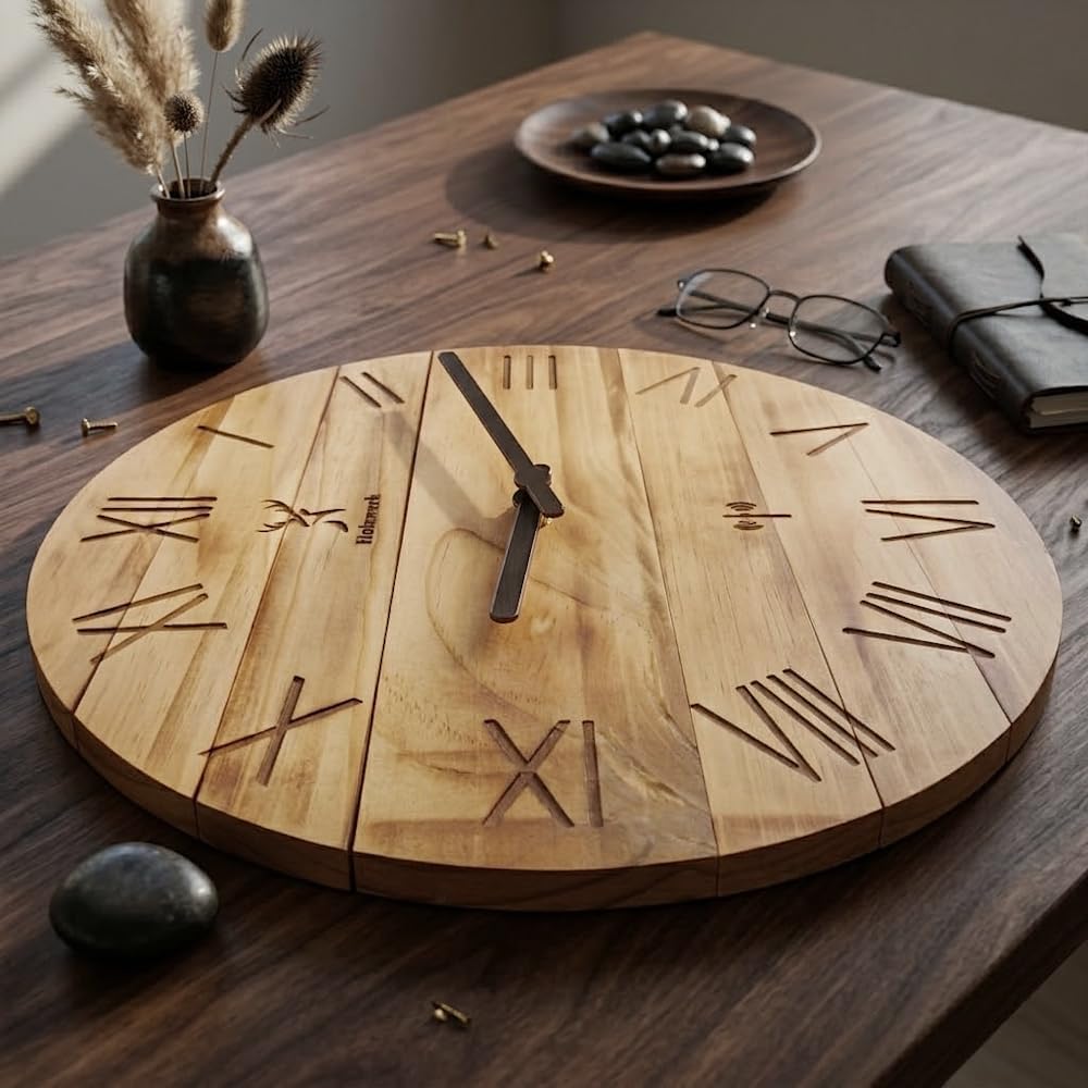 Holzwerk 35cm Vintage Natur Geflammte Holz Funkwanduhr Funk Wanduhr Holzuhr Funkuhr lautloses Uhrwerk Braun nahezu lautlos Retro Rustikal Massivholz Uhr Römische Ziffern