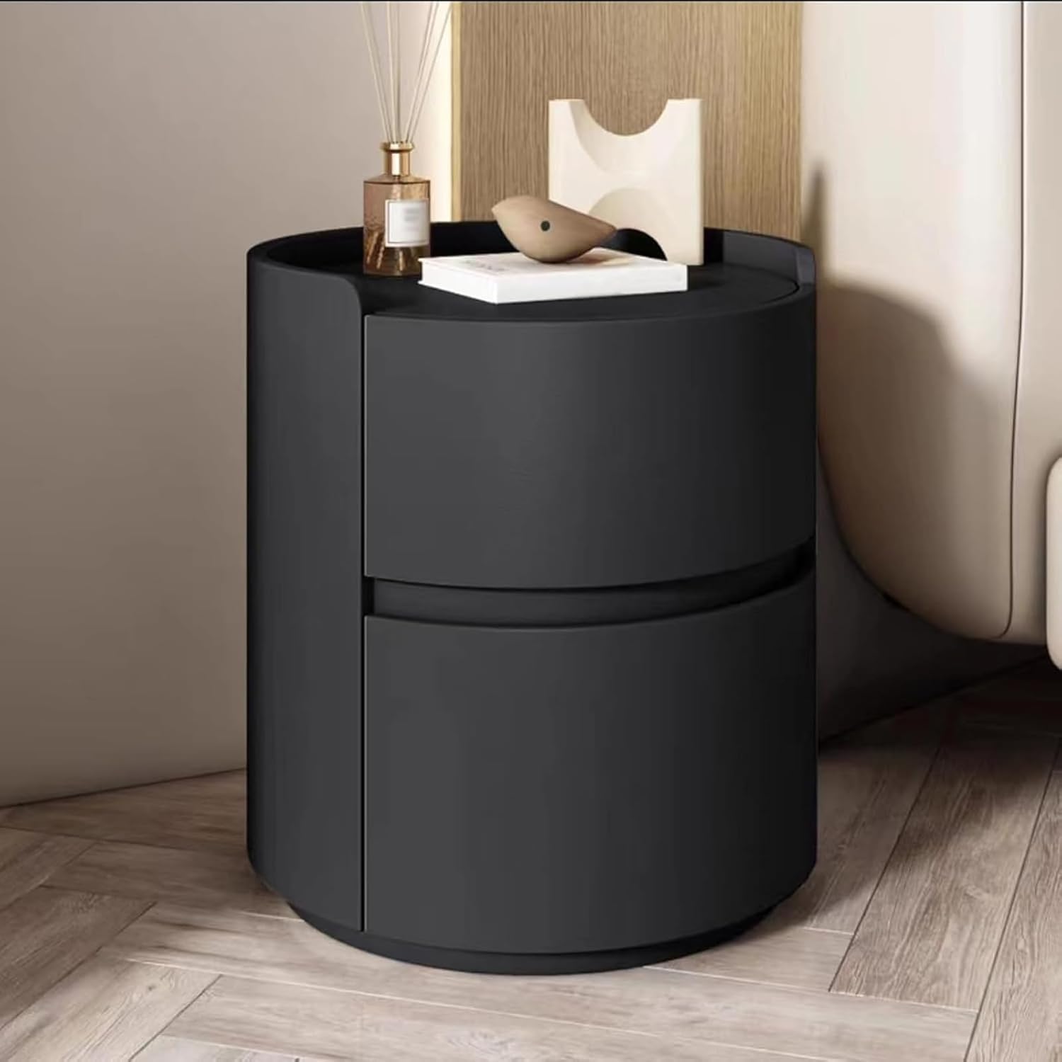 SXZenSpace Luxury Solid Wood Round Bedside Table with 2 Drawers, Lightweight 40cm/45cm Nightstand, Elegant Bedroom Furniture, Modern Side for Home Decor.
