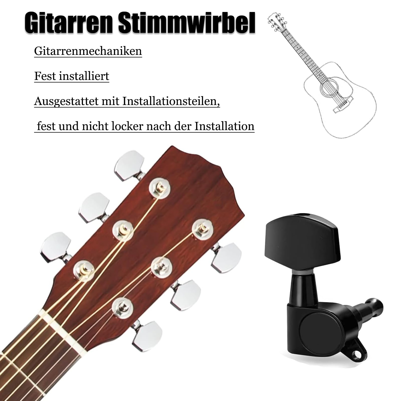 Set 6 Meccaniche Per Chitarra Nere – Chiuse, 3 A Destra E 3 A Sinistra – Universali