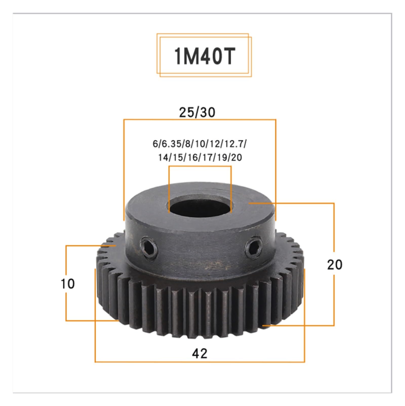 Bevel Gear Pinion Hardware Mechanical Module 1 Motor Gear 1M-40Teeth Carbon Steel Material Gear Wheel Bore Size 6/6.35/8/10/12/12.7/14/15/16/17/19/20 Mm(1M40T-Bore 15 mm)