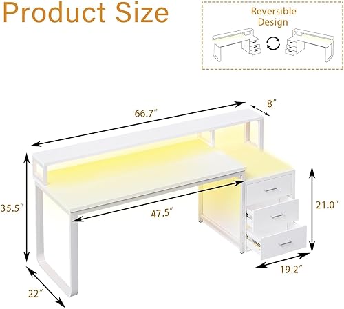 Miniatura 2 de HOMBCK Escritorio blanco con cajones y estantes, escritorio largo en forma de L con almacenamiento y soporte de monitor extraíble para oficina en