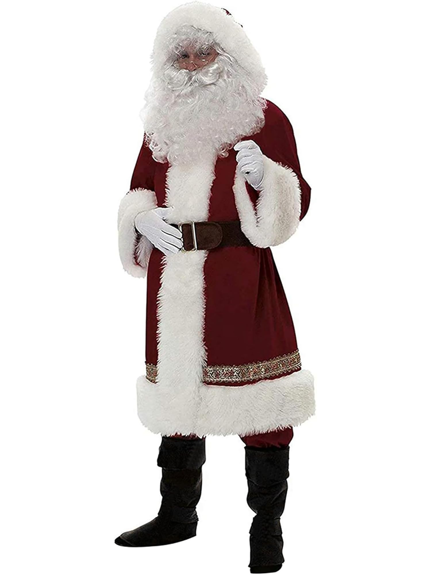 Svuitmsl Christmas Santa Claus Costume Outfits Luxury Deluxe Velvet Cosplay Fancy Dress Xmas Party Novelty Tops Pants Cosplay (B-Wine Red, L)
