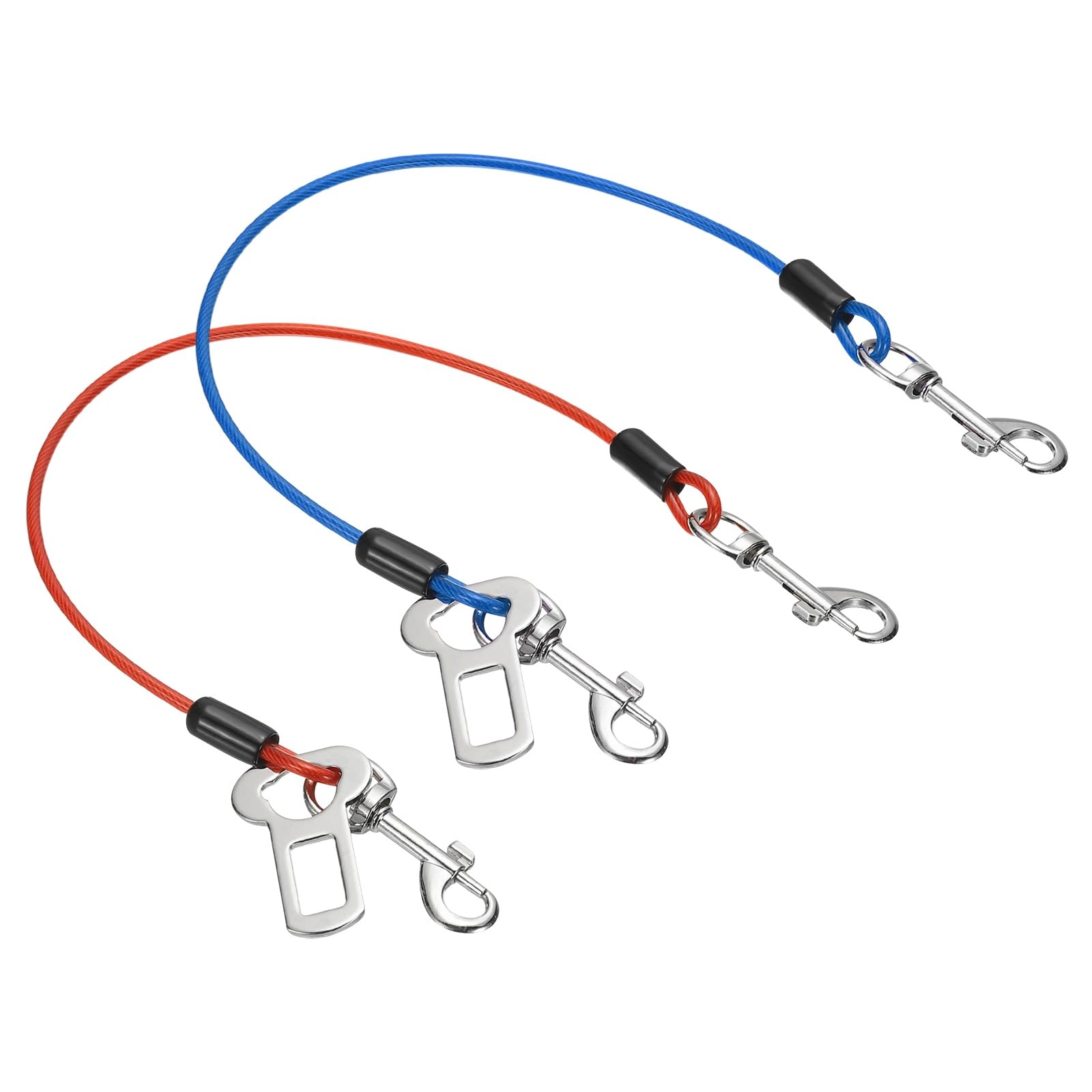 PATIKIL Chew Proof Dog Leash, 16 in Dog Seat Belt Harness with Double Clips Leash Extender Steel Braided Vehicle Tether, (Red/Blue, 2 Pcs), Intended for Pet Walking/Training