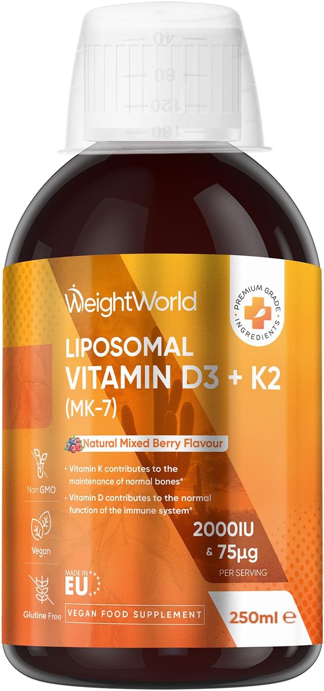 Liposomal Vitamin D3 K2 Liquid for Adults | 250ml | Vegan VIT D3 2000IU (Cholecalciferol) & K2 (MK-7) 75mcg | Natural Mixed Berry Flavour | 50 Servings | Non-GMO & Gluten-Free Liquid Vitamin D