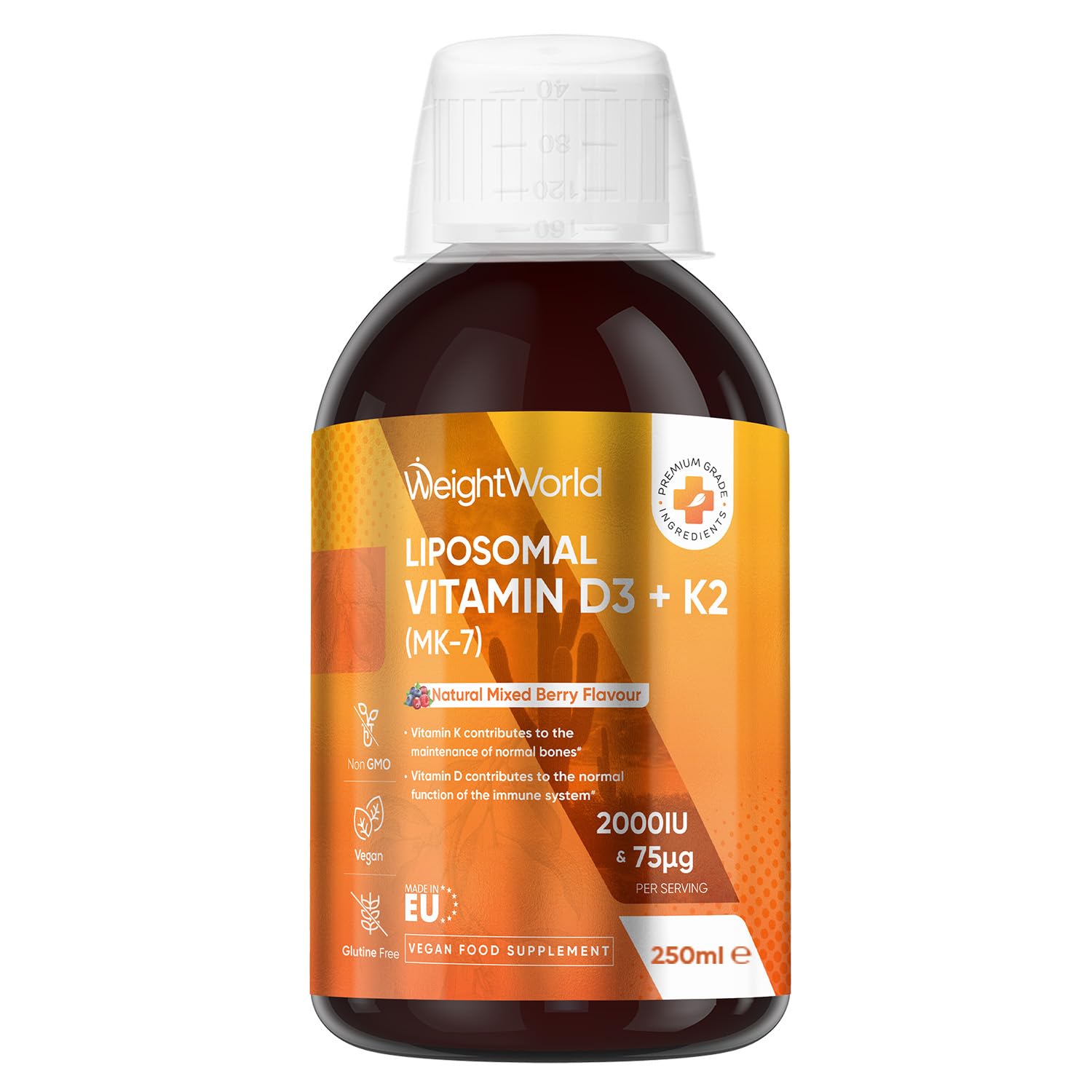 Liposomal Vitamin D3 K2 Liquid for Adults | 250ml | Vegan VIT D3 2000IU (Cholecalciferol) & K2 (MK-7) 75mcg | Natural Mixed Berry Flavour | 50 Servings | Non-GMO & Gluten-Free Liquid Vitamin D