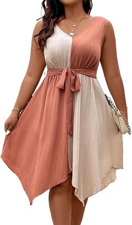 Womens short sleeve dress Asymmetrical Hem Belted Dress