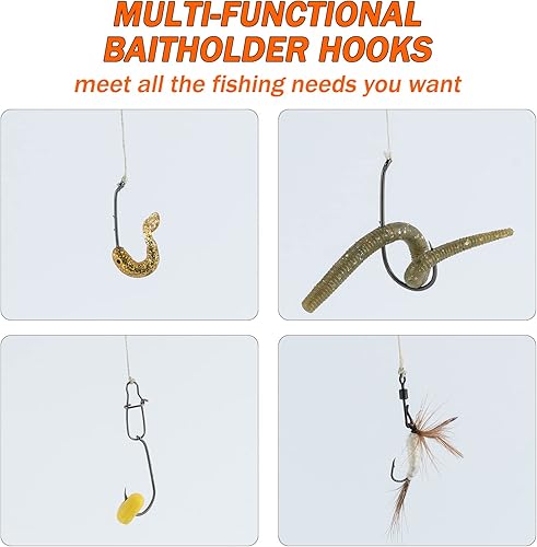 Miniatura 8 de Dr.Fish Paquete de 100 anzuelos de pesca con soporte de cebo, gancho de cebo vivo, acero de alto carbono, negro, níquel, hacia abajo, ojo torneado,