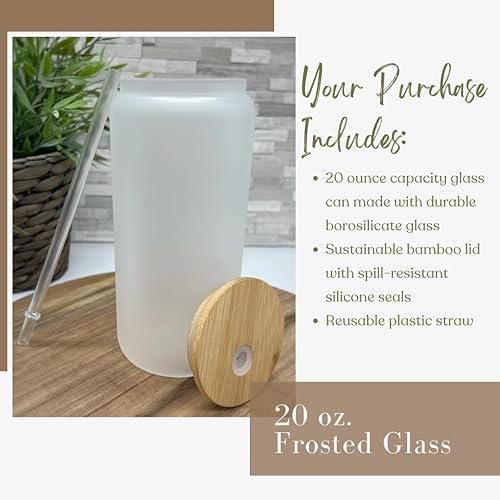 Miniatura 5 de Vidrio esmerilado de 20 onzas con tapa de bambú y popote de plástico, verano (cara suave, 20 onzas)
