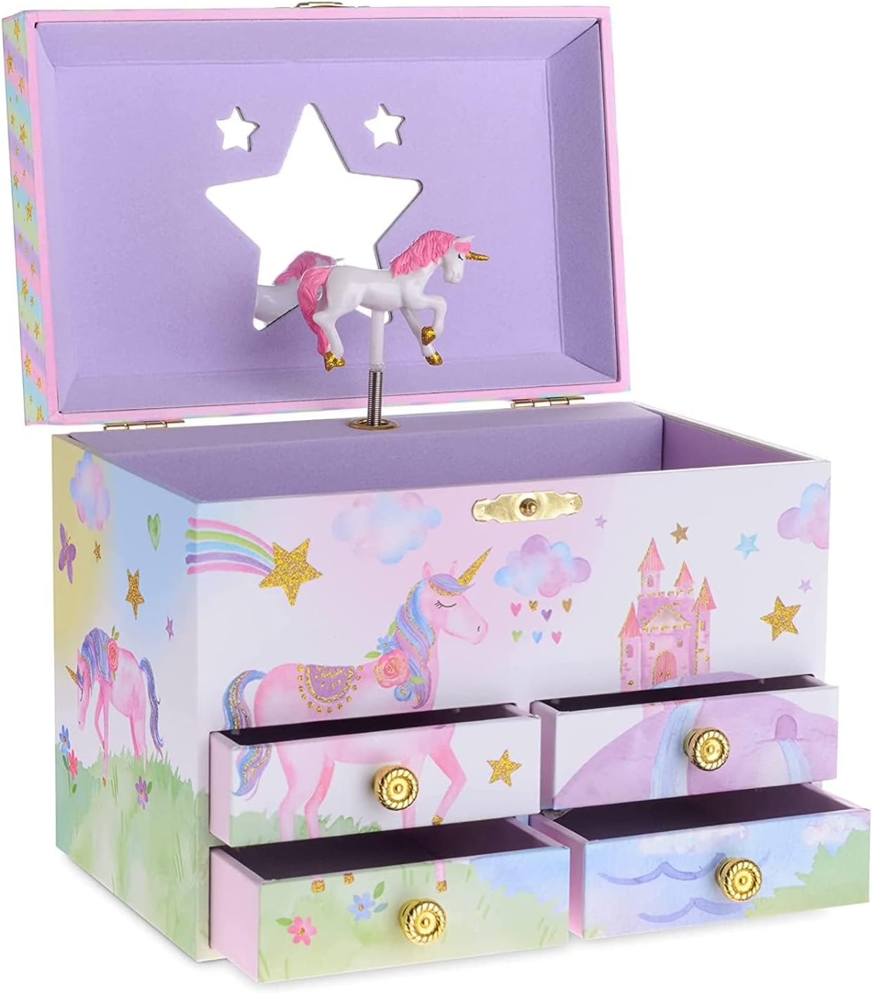 Jewelkeeper Musical Jewelry Box for Girls with 4 Pullout Drawer - Party Unicorn Jewelry Box, Beautiful Dreamer Tune & Unicorn Doll, Great Gifts for Girls & Jewelry Storage Box