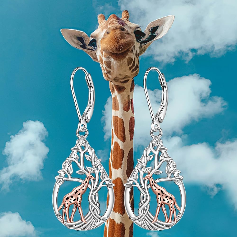 Giraffe Earrings for Women 925 Sterling Silver Rose Gold Giraffe with Tree of Life Dangle Earrings Animal Gifts for Birthdays, Mother's Day, Nature Lovers - Image 4