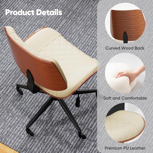 Image of Home Office Desk Chair with Swivel Wheels, Mid-Century Modern PU Leather Armless Office Chair, Small Mid Back Computer Chair for Home Office, Meeting Room