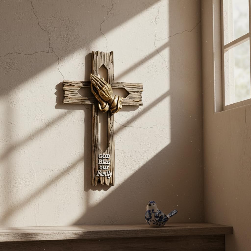 Comfy Hour 12" God Bless Our Family Wall Cross, Decorative Praying Hands Religious Plaque for Christian Home, Artisan Crafted Faux Wood Style Sculpture, Polyresin Interior Accent, 1 Unit