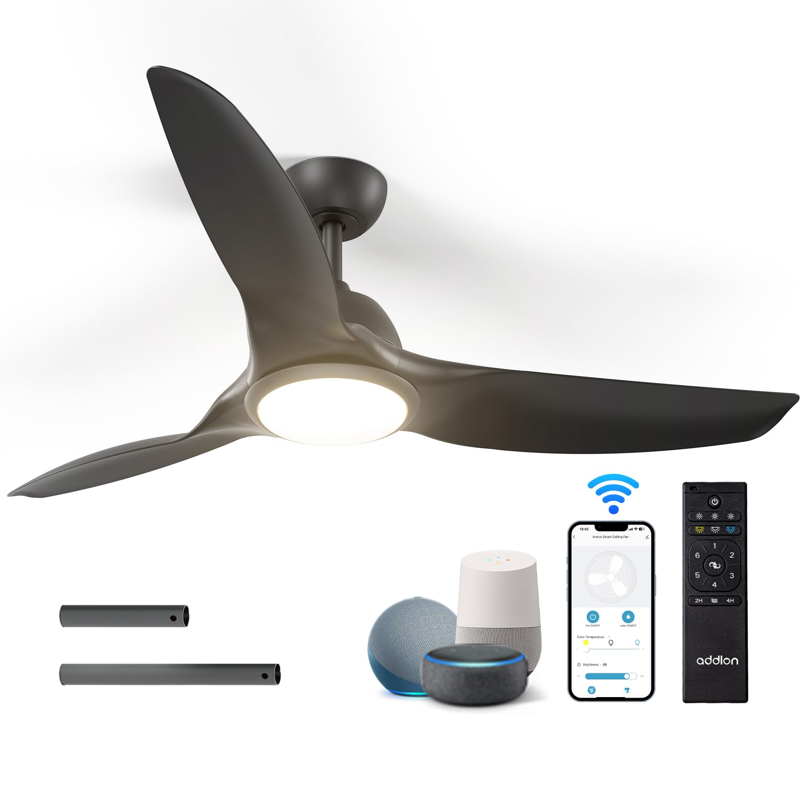 addlon Ceiling Fans with Lights, 52 Inch Smart Ceiling Fan with Remote/APP/Alexa Control, Reversible DC Motor, 6 Speeds, 3CCT Dimmable, Noiseless, Black Ceiling Fan for Bedroom, Farmhouse