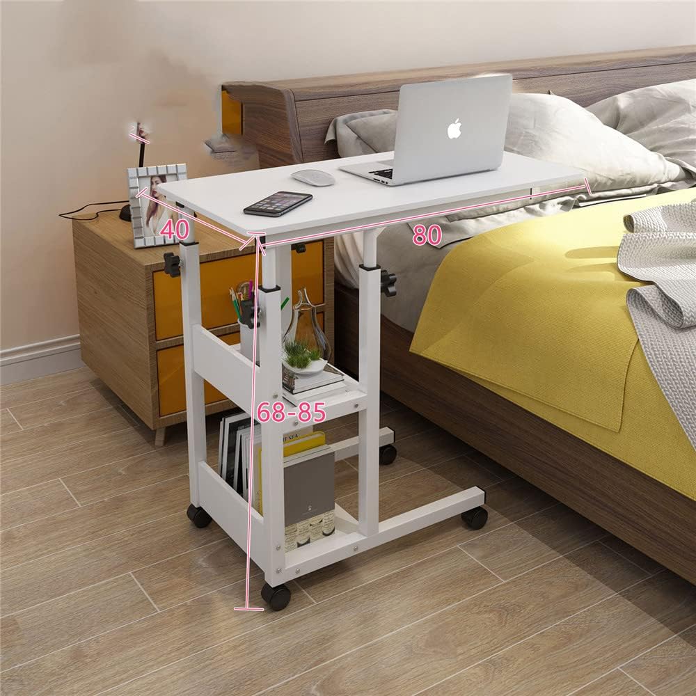 WANLIAN Side Table C Shaped End Table with Lockable Wheels Height Adjustable Mobile Couch Desk Table,Sofa Bedside Laptop Stand TV Tray with Storage Shelves, Snack Side Table (White)