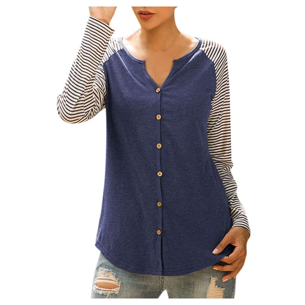 Ni_ka Women Striped Loose V-Neck Long Sleeve Button T-shirt Tops Blouse Blue Medium