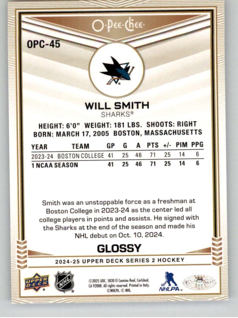 2024-25 Upper Deck Series Two OPC Glossy Gold #OPC-45 Will Smith RC Rookie Card San Jose Sharks Official Hockey Card in Raw (NM or Better) Condition
