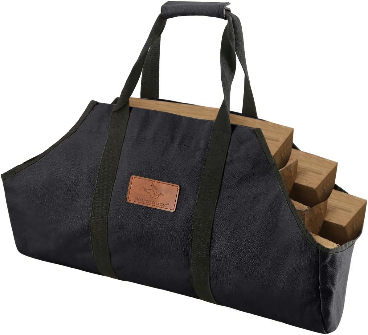 WHITEDUCK TUFF Large Firewood Carrier 21 Oz. Heavy Duty Waxed Canvas Fireplace Log Carrier Holders for Carrying Wood Indoors & Outdoor (Black, Boat Shape (26"x17"x9"))
