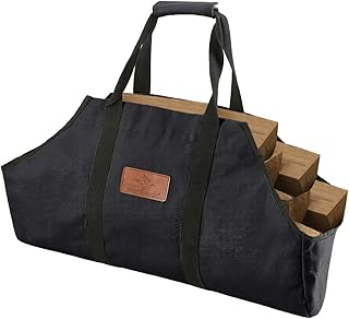 WHITEDUCK TUFF Large Firewood Carrier 21 Oz. Heavy Duty Waxed Canvas Log Carrier Holder for Fireplace, Carrying Wood Indoor & Outdoor (Black, Boat Shape (26"x17"x9"))
