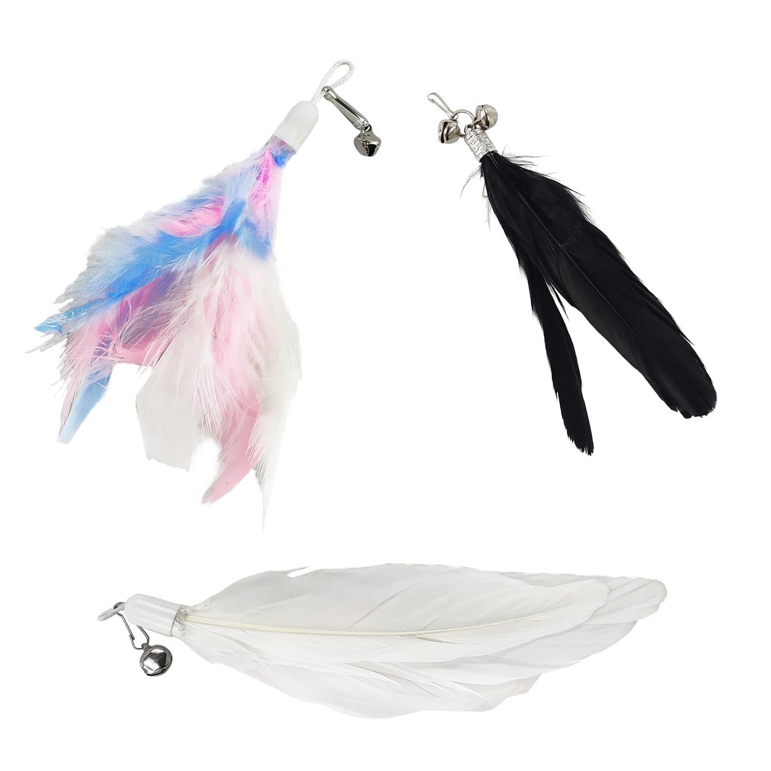 BOROLA 3 PCS Cat Feather Teaser Replacement Heads, Cats Wand Replacement Feathers with Bell, Interactive Cat Toy Attachments for Indoor Cats, DIY Cat Accessories(White, Black, Multi-Colored)