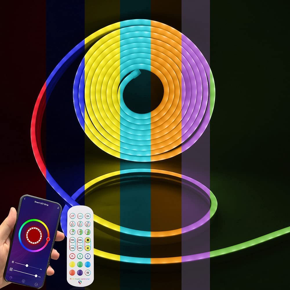 RGB Neon LED Streifen, Wasserdicht Diffusion Silikon Flexibel LED Lichtband Neon Schlauch, Smart App Control, Musiksync, mit Fernbedienung, Kompatibel mit Alexa Google Assistant (10M (5M+5M))