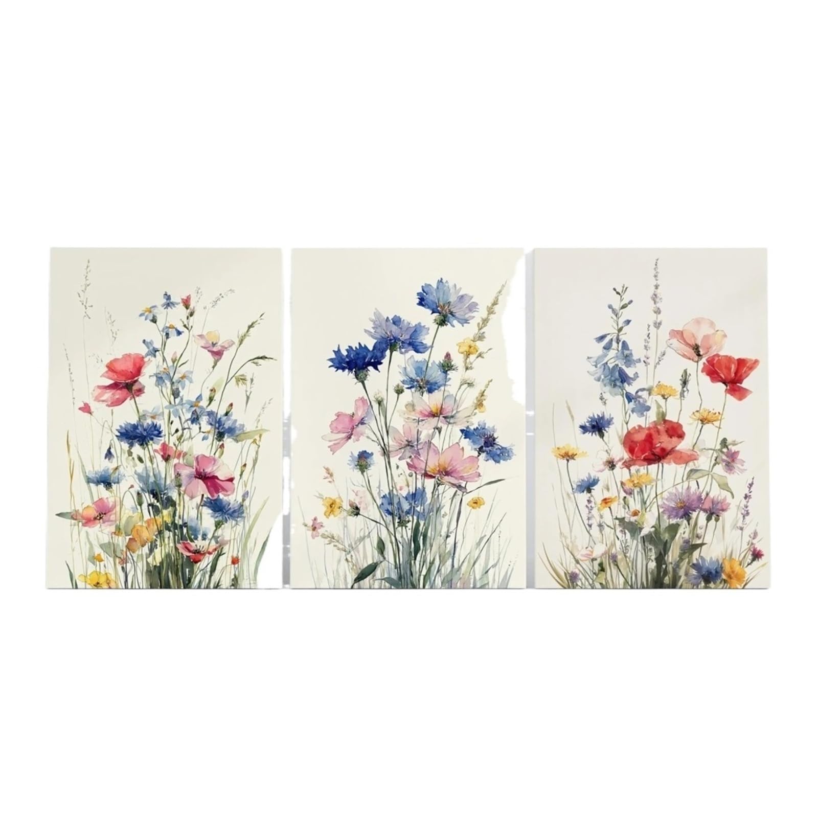 Graiting 3pcs Blue Pink Watercolor Wildflowers Poster Canvas Print Botanical Realistic Flower Wall Art Floral Meadow Decor