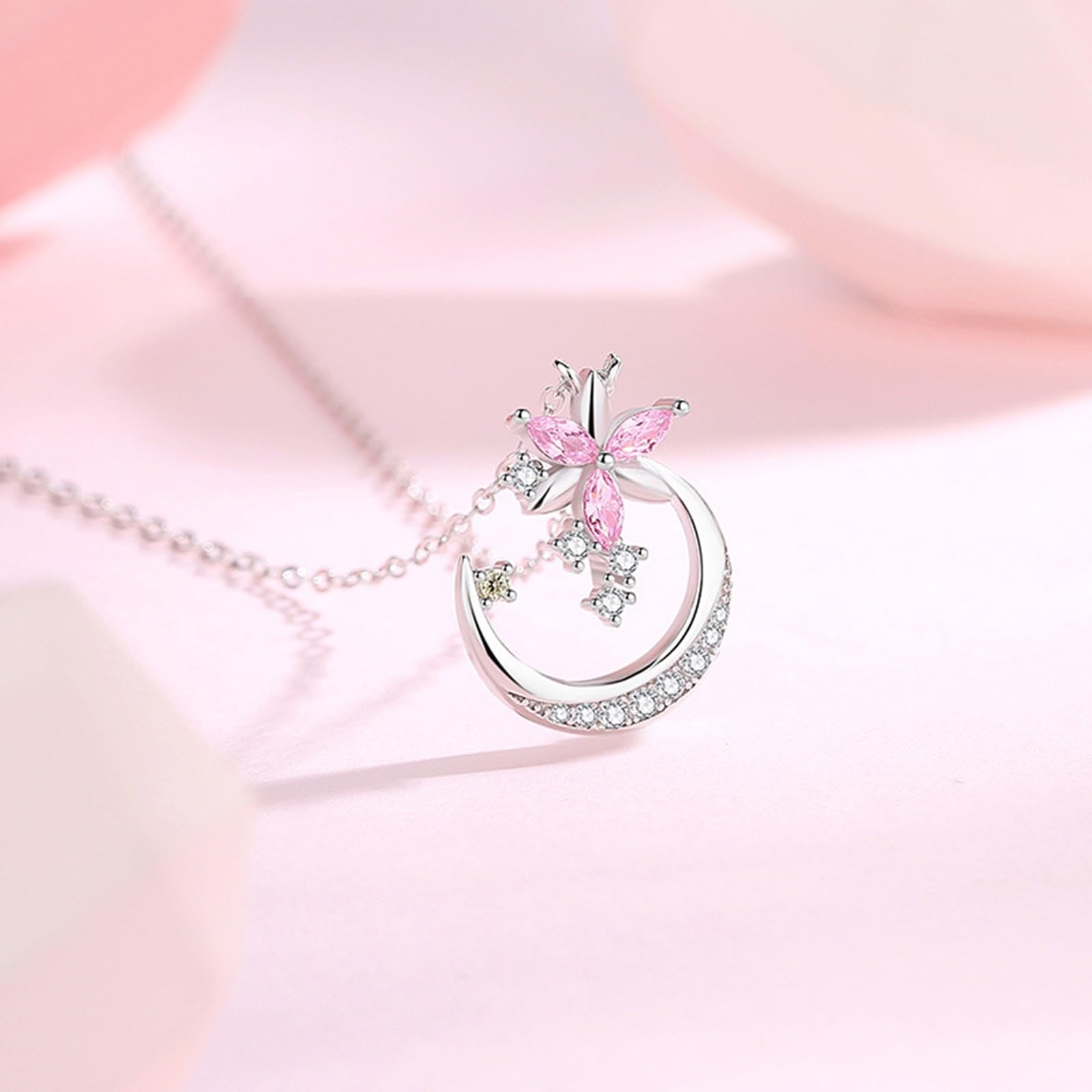 Collar para mujer, joyería de moda, collar con colgante de flor y luna de oro blanco de 9K/14K/18K con zafiro rosa creado en laboratorio y moissanita, cadena alargada: 40 + 5 cm