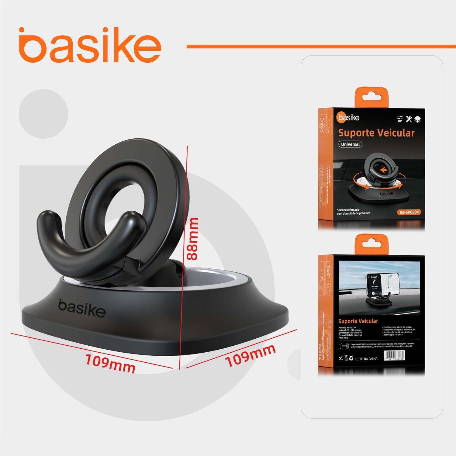 Basike Suporte para Celular Carro com Rotação 360°, Inclinação 0-70° e Modo Retrato/Paisagem - Ajuste com Uma Mão, ABS+PC e Silicone, Universal para Carro