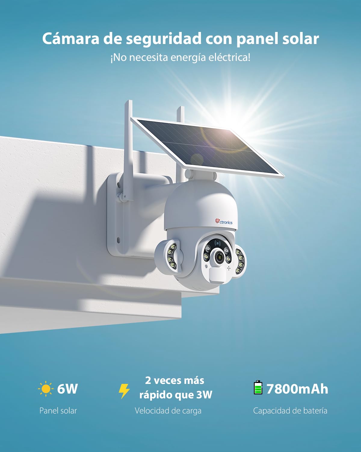 Ctronics Cámara Vigilancia Exterior con Panel Solar 6W, Cámara PTZ 3K 5MP | HD, Detección PIR y Humana, 10 Focos LED, Visión Nocturna en Color, Audio Bidireccional, FTP, Acceso Remoto por PC/Móvil