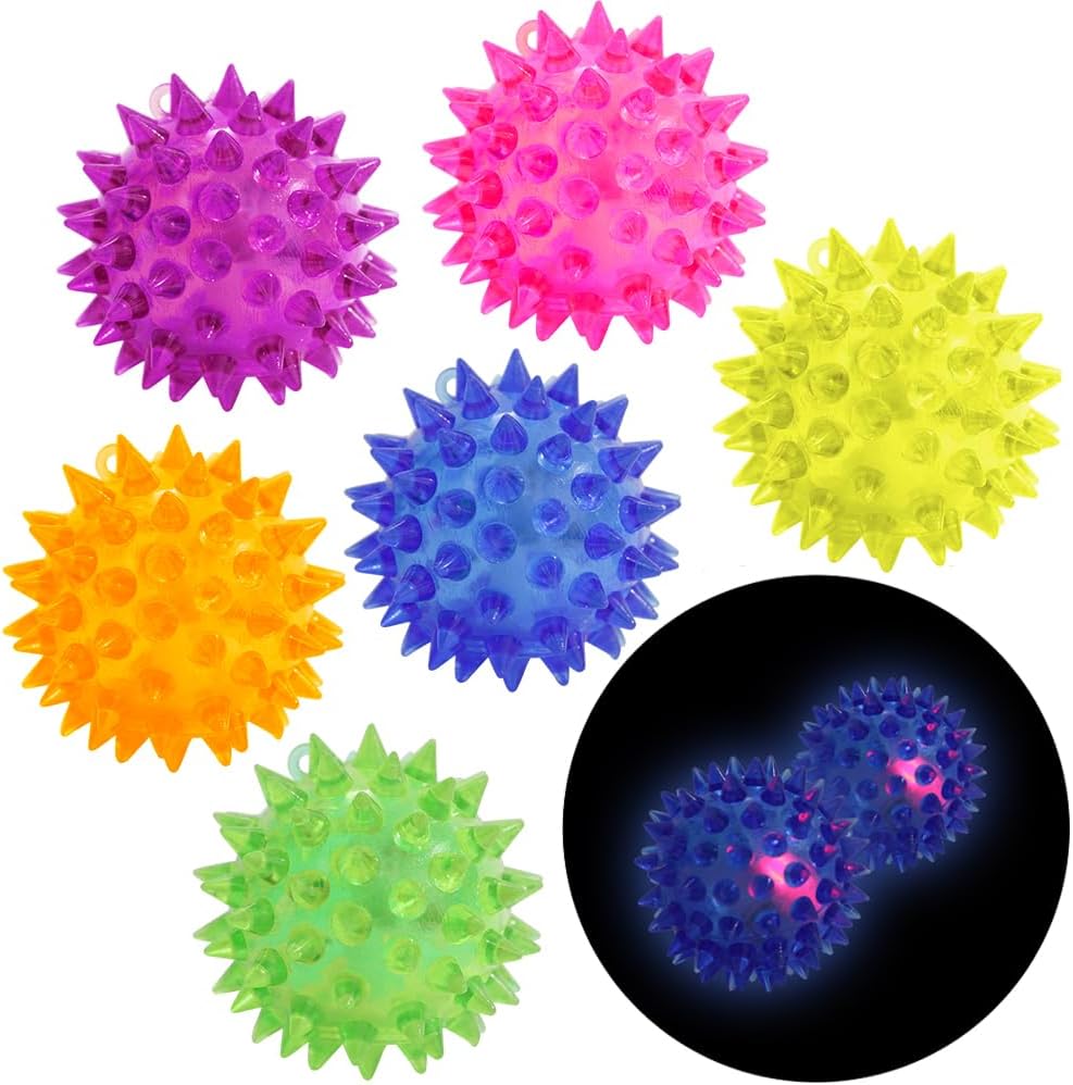 6 Pack Glow in The Dark Stress Relief Squishy Sensory Spiky Balls Toys, Kids Rubber Squeeze Colorful LED Flashing Fidget Ball for Party Favors, Pets or Massage