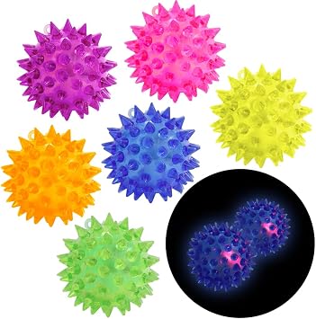 6 Pack Glow in The Dark Stress Relief Squishy Sensory Spiky Balls Toys, Kids Rubber Squeeze Colorful LED Flashing Fidget Ball for Party Favors, Pets or Massage